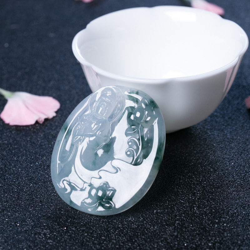 天然冰种飘花翡翠观音吊坠-红掌柜