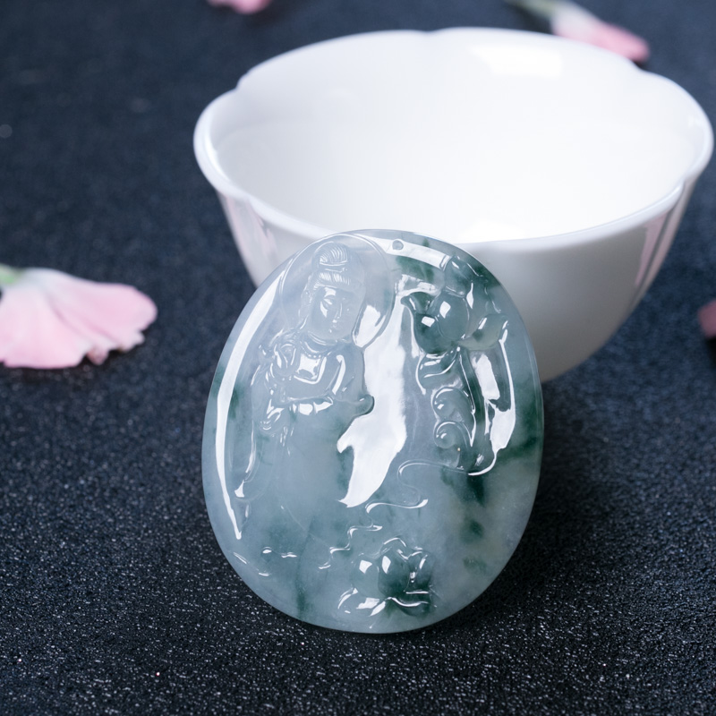 缅甸天然冰种翡翠观音吊坠-红掌柜