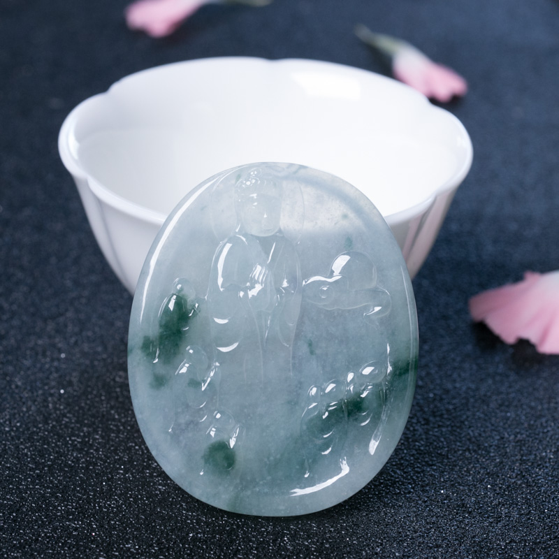 缅甸天然冰种飘花翡翠大日如来吊坠-红掌柜