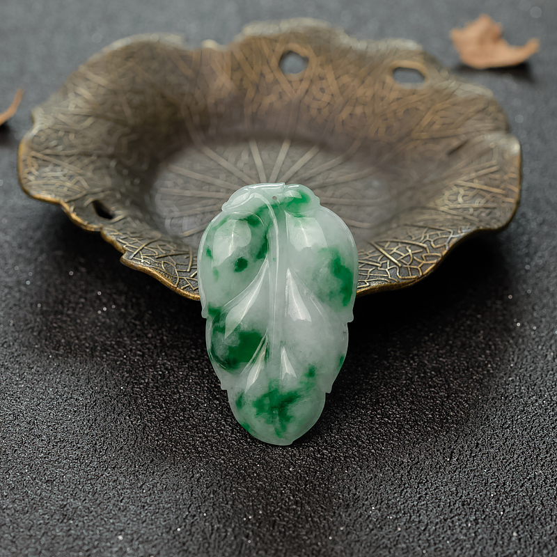 缅甸天然糯种飘翠翡翠叶子吊坠-红掌柜