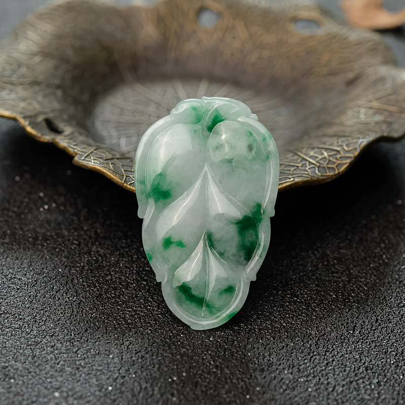缅甸天然飘翠翡翠叶子吊坠-红掌柜
