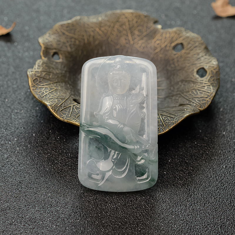 缅甸天然糯冰种飘花翡翠观音吊坠-红掌柜