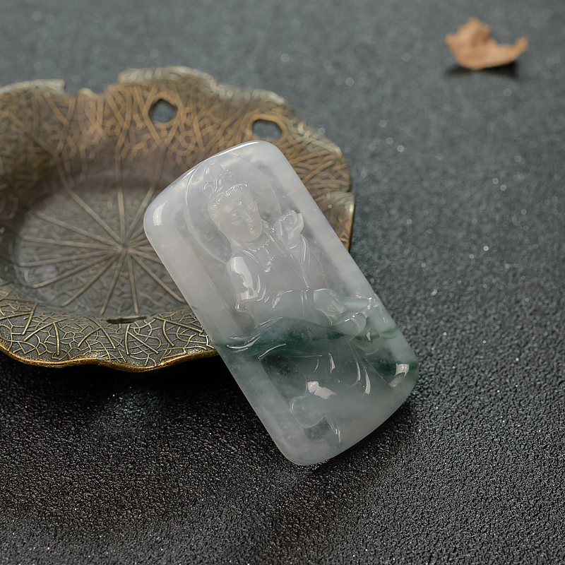 缅甸糯冰种飘花翡翠观音吊坠-红掌柜