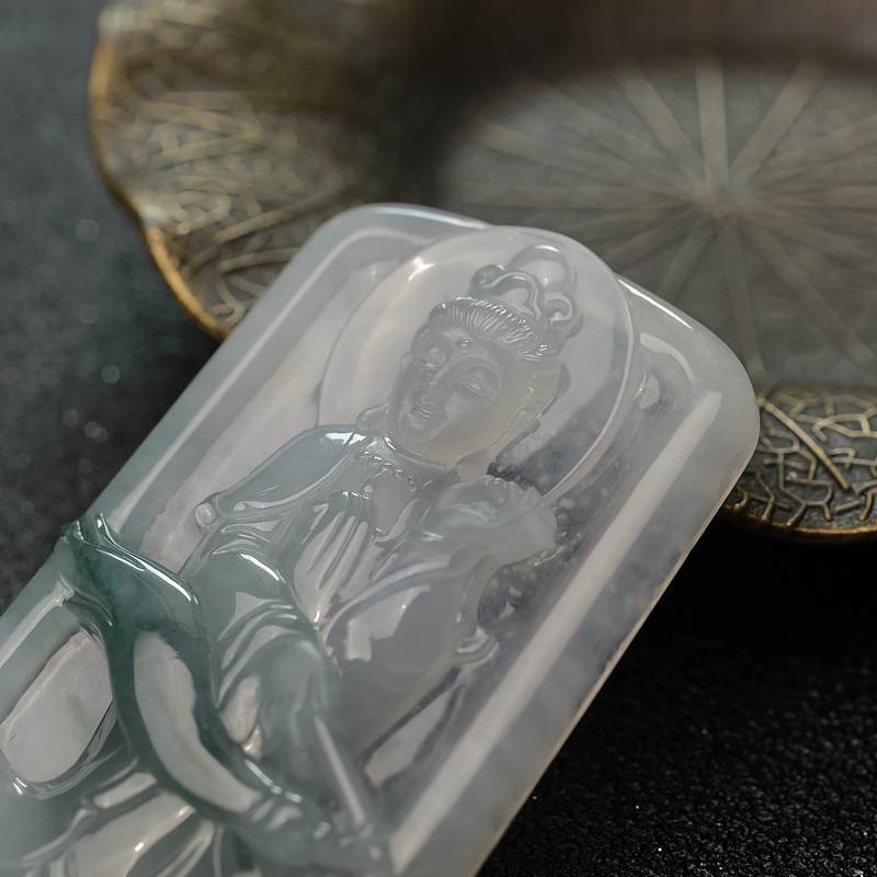 缅甸天然糯冰种翡翠观音吊坠-红掌柜