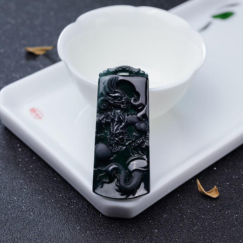 糯冰种墨翠双龙戏珠吊坠-红掌柜