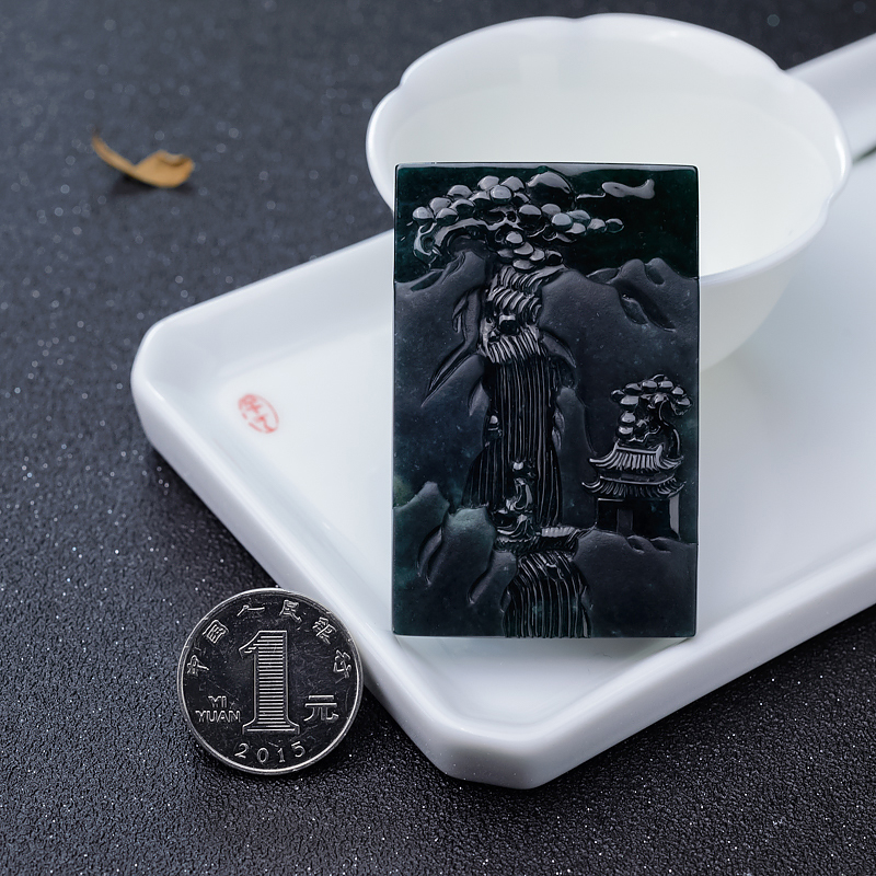 缅甸墨翠山水意境牌-红掌柜