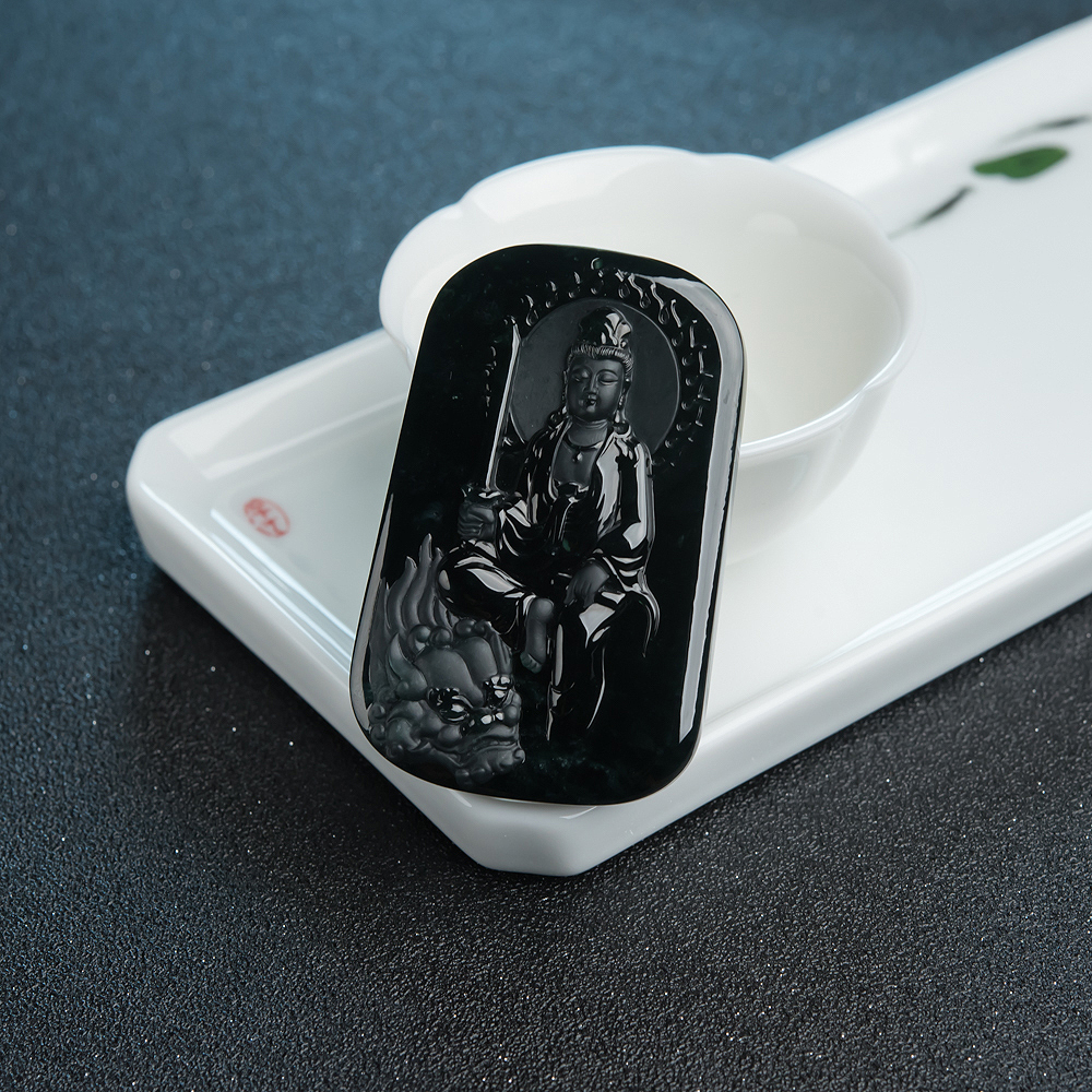 缅甸冰种墨翠文殊菩萨吊坠-红掌柜