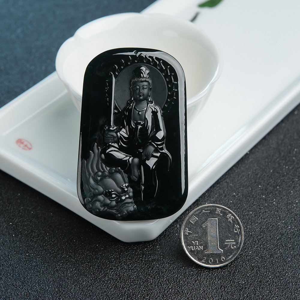 缅甸墨翠文殊菩萨吊坠-红掌柜