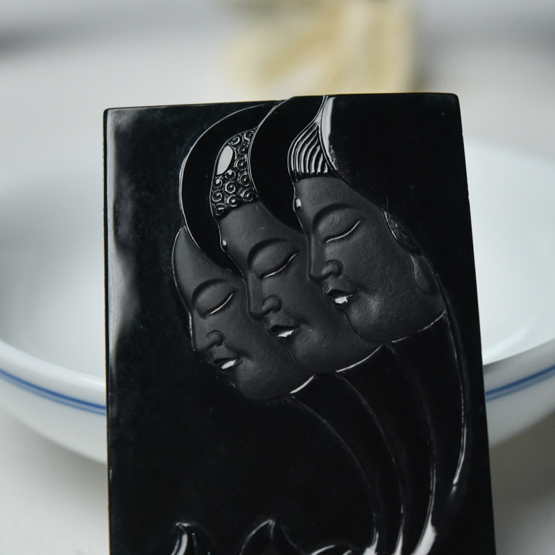 缅甸糯冰种墨翠西方三圣吊坠-红掌柜