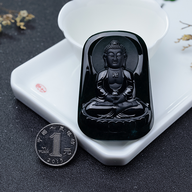 缅甸天然墨翠大日如来吊坠-红掌柜