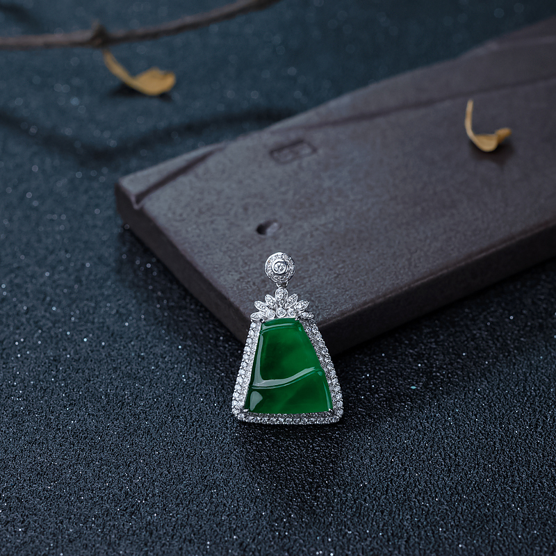 18K金镶钻糯冰种翠色翡翠竹节吊坠-红掌柜