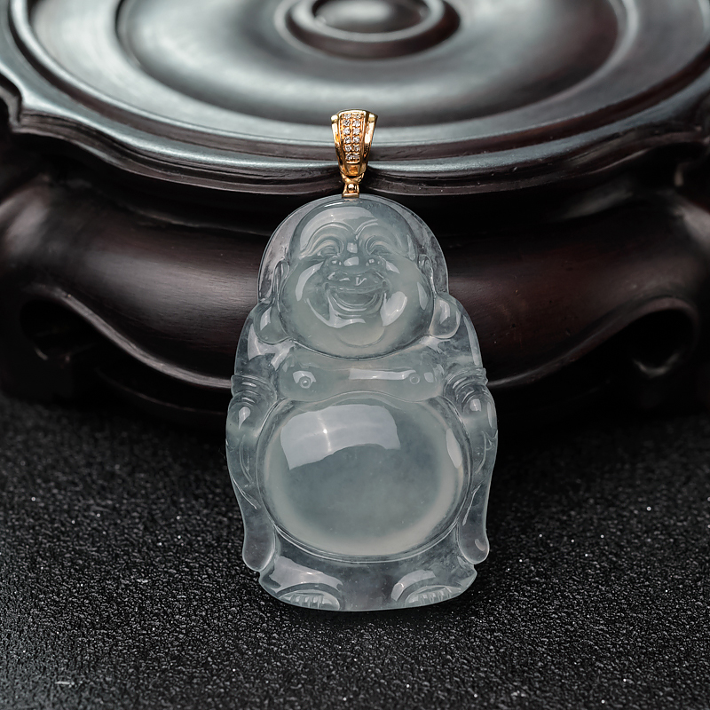 冰种浅绿翡翠弥勒佛吊坠-红掌柜
