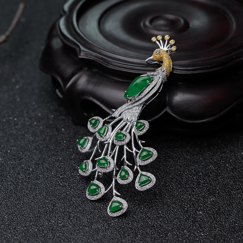 金镶钻糯冰种翠色翡翠孔雀胸针-红掌柜
