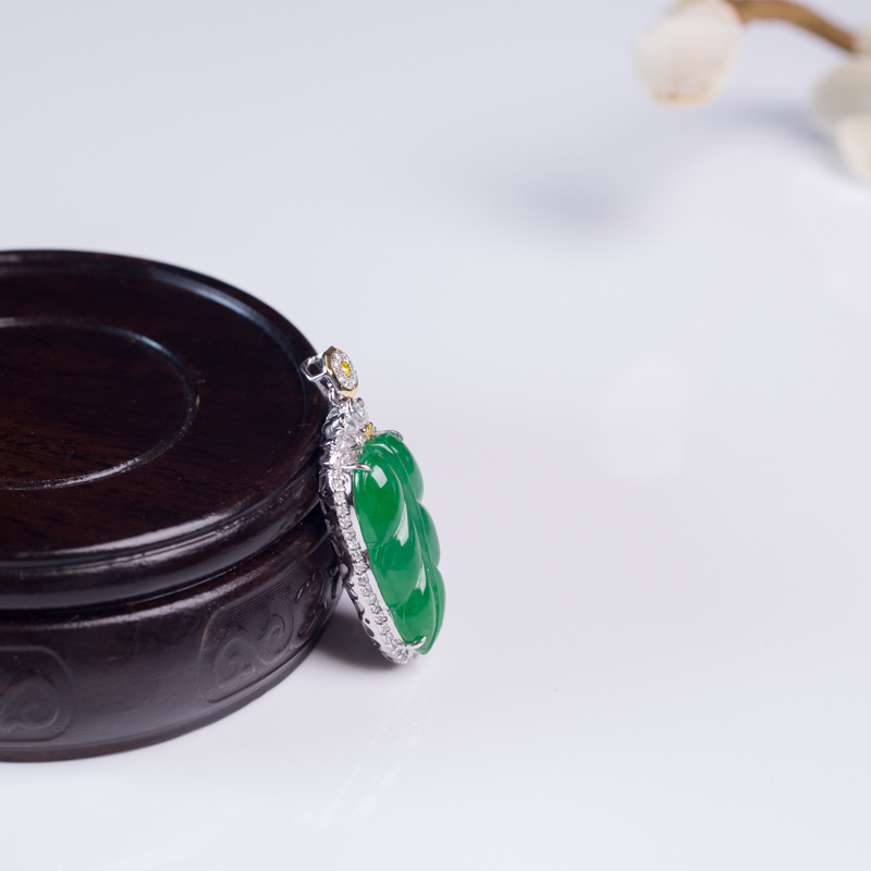 金镶钻糯冰种翠色翡翠叶子吊坠-红掌柜