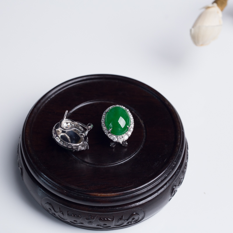 18K糯冰种翠色翡翠耳钉-红掌柜