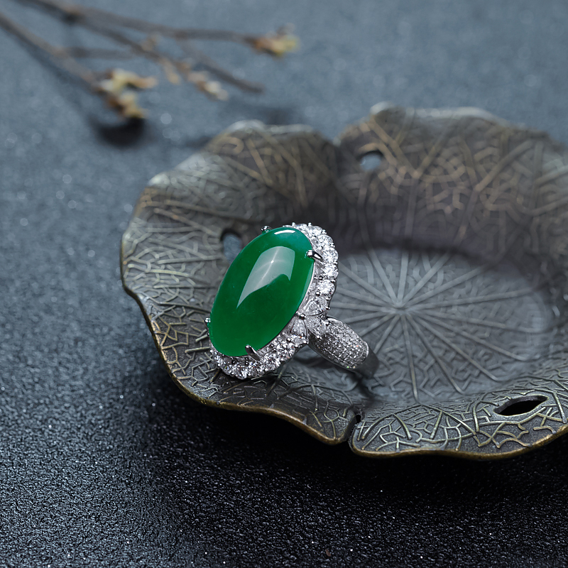 金镶钻糯冰种翠色翡翠戒指-红掌柜