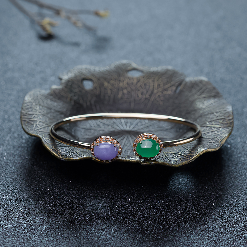 56mm18K金镶钻糯种翡翠手镯-红掌柜