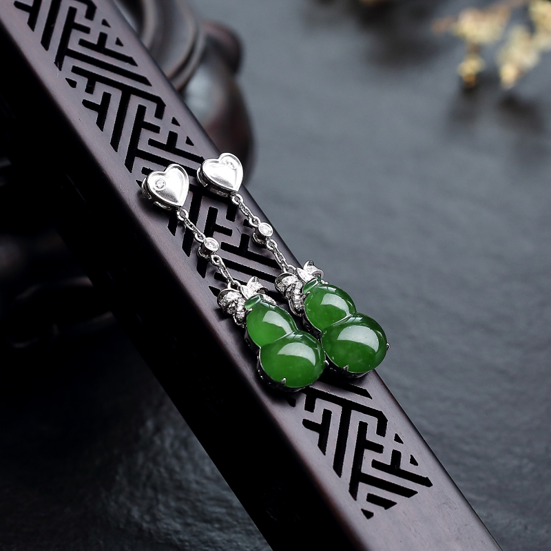 糯冰种深绿翡翠葫芦耳坠-红掌柜