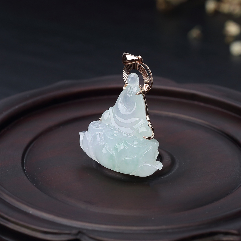 18K金镶糯冰种浅绿翡翠佛吊坠-红掌柜
