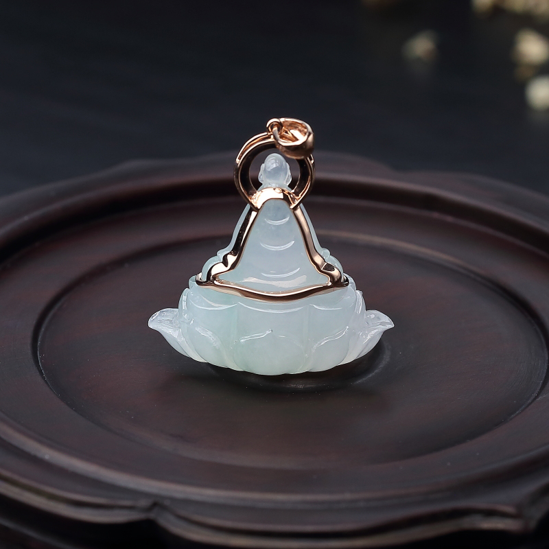 18K金镶天然浅绿翡翠佛吊坠-红掌柜