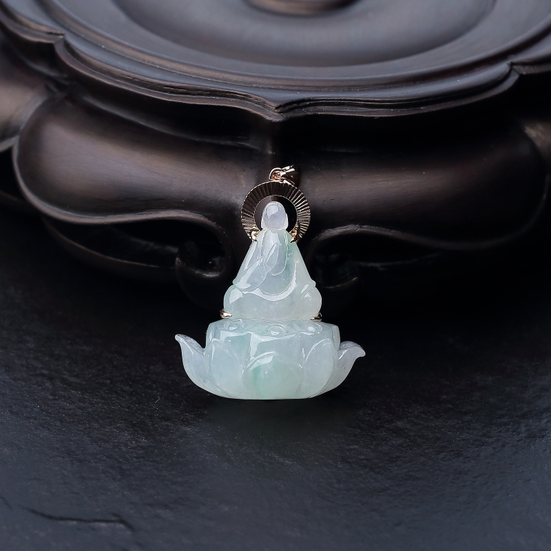 18K金镶天然糯冰种浅绿翡翠佛吊坠-红掌柜
