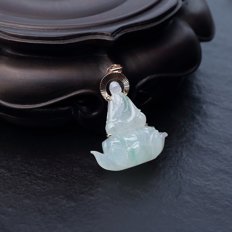 18K金镶糯冰种浅绿翡翠佛吊坠-红掌柜