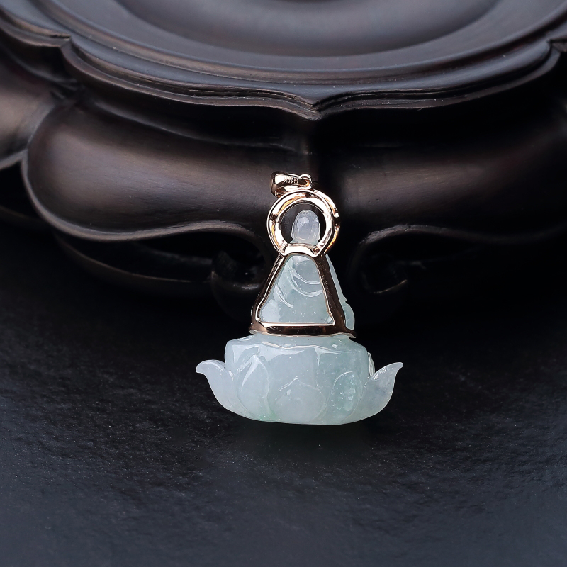 18K金镶天然浅绿翡翠佛吊坠-红掌柜