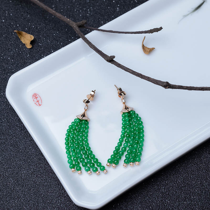 18K金镶钻糯种翠色翡翠耳坠-红掌柜