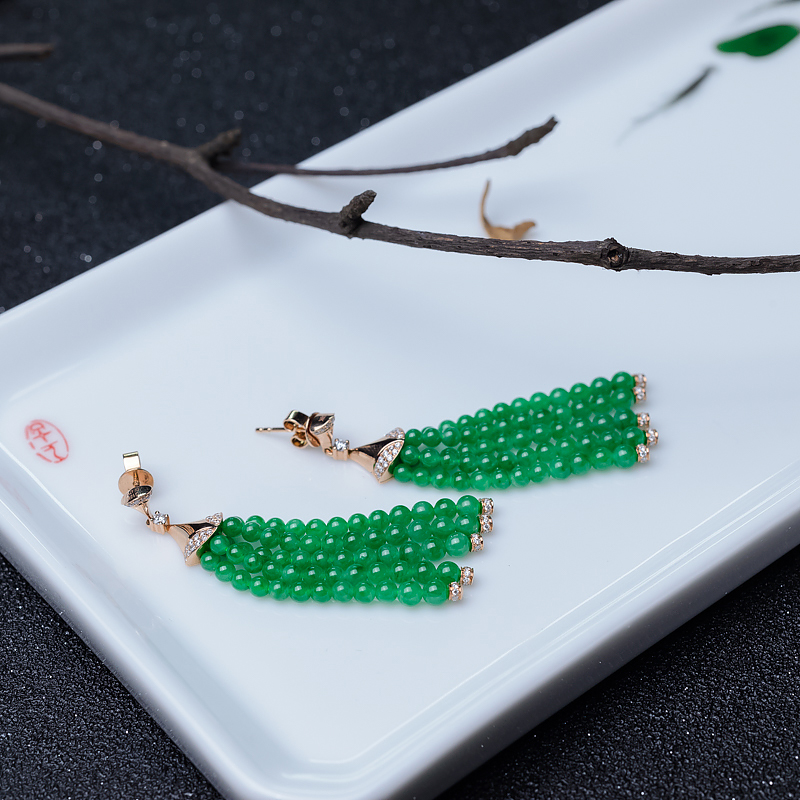 金镶钻糯种翠色翡翠耳坠-红掌柜