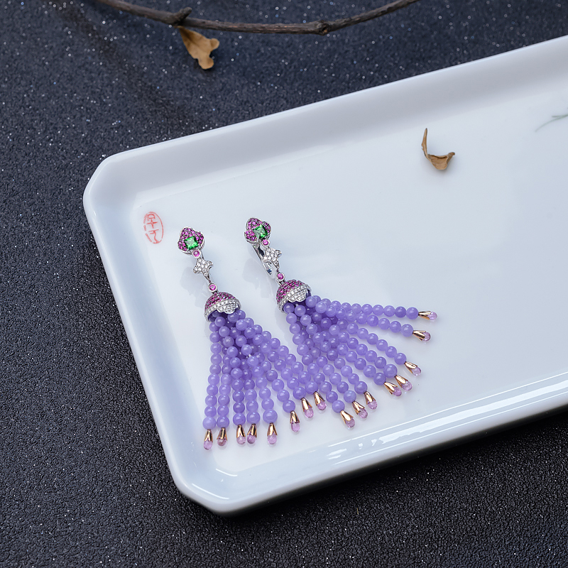 18K金镶钻糯种紫罗兰翡翠耳坠-红掌柜