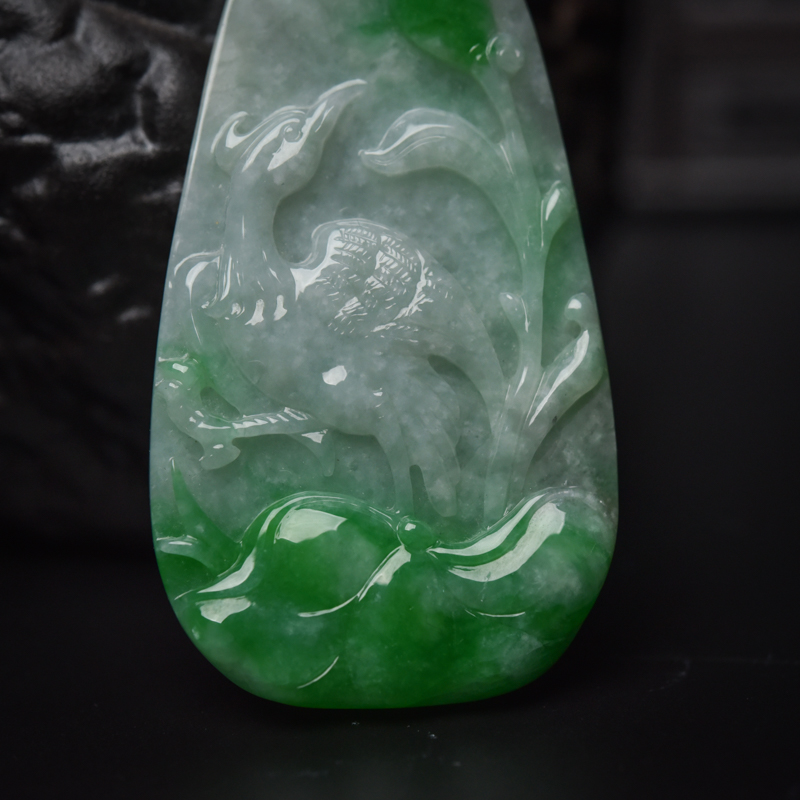 天然糯种飘翠翡翠花鸟吊坠-红掌柜