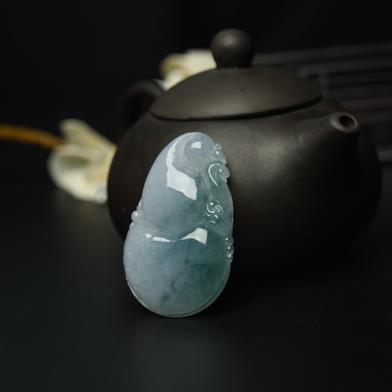 缅甸糯冰种飘花翡翠葫芦吊坠-红掌柜