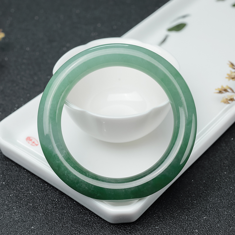 56.5mm糯冰种灰绿天然翡翠圆镯-红掌柜