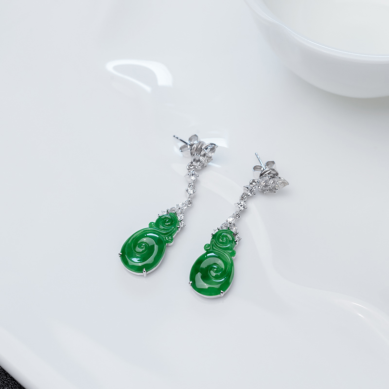 缅甸天然糯冰种翠色翡翠耳坠-红掌柜