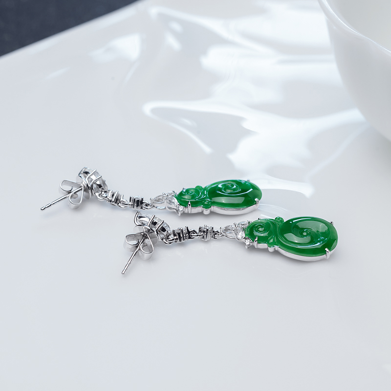 缅甸糯冰种翠色翡翠耳坠-红掌柜