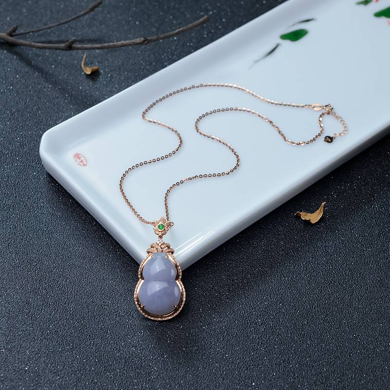 18K金镶钻糯种紫罗兰翡翠葫芦吊坠-红掌柜