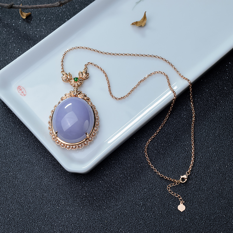 18K金镶钻糯种紫罗兰翡翠蛋面形吊坠-红掌柜