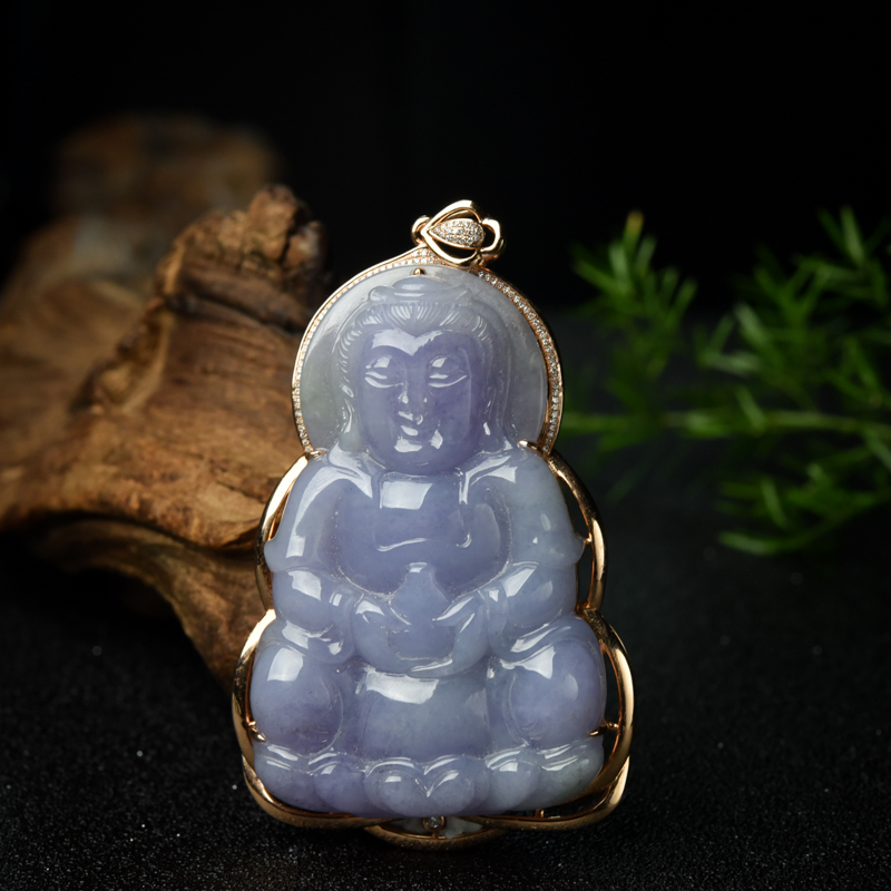 18K金镶钻糯种紫罗兰翡翠观音吊坠-红掌柜