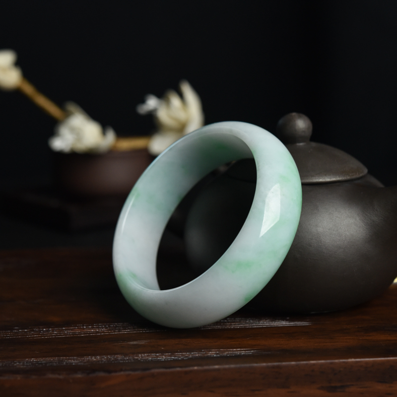 59.5mm缅甸糯种飘翠翡翠平安镯-红掌柜