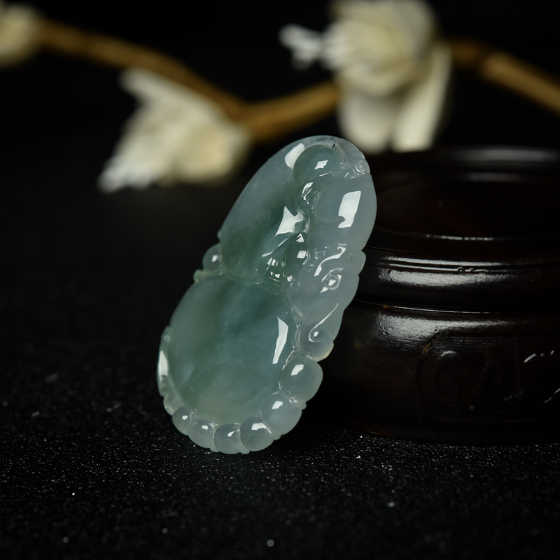 缅甸糯冰种飘花翡翠葫芦吊坠-红掌柜