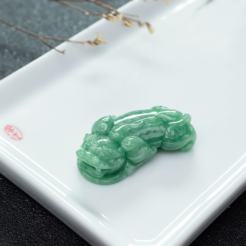 缅甸天然豆种豆绿翡翠貔貅吊坠-红掌柜