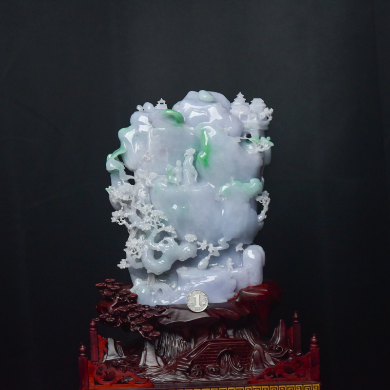 糯种春带彩翡翠山子摆件-红掌柜