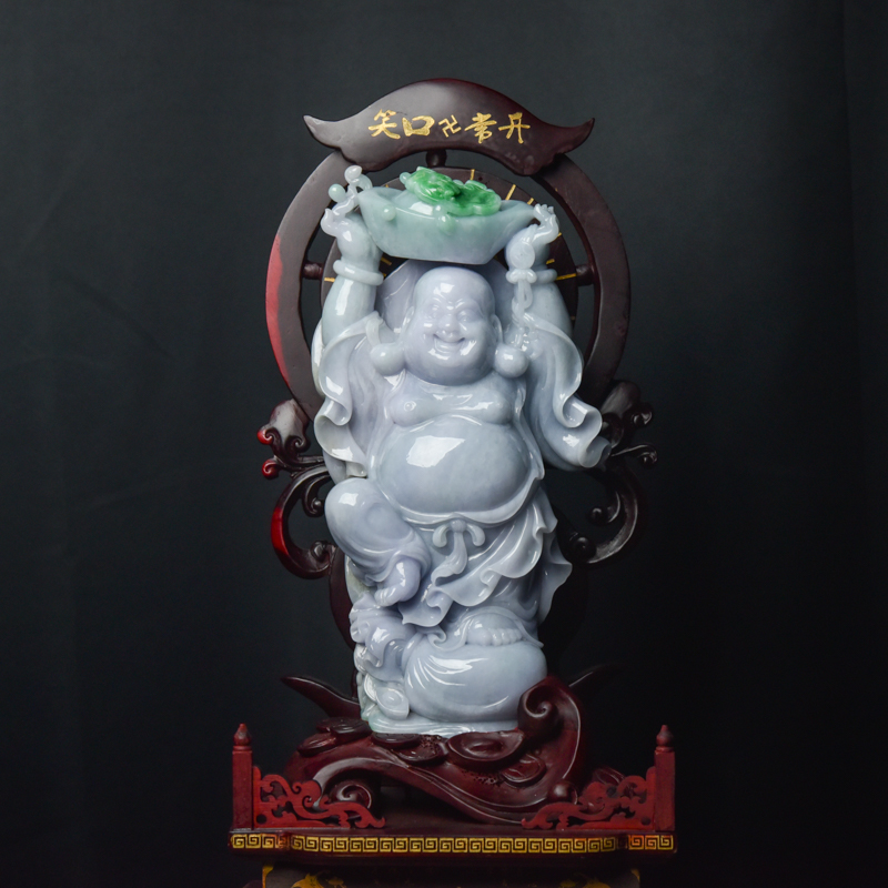天然糯种春带彩翡翠弥勒佛摆件-红掌柜