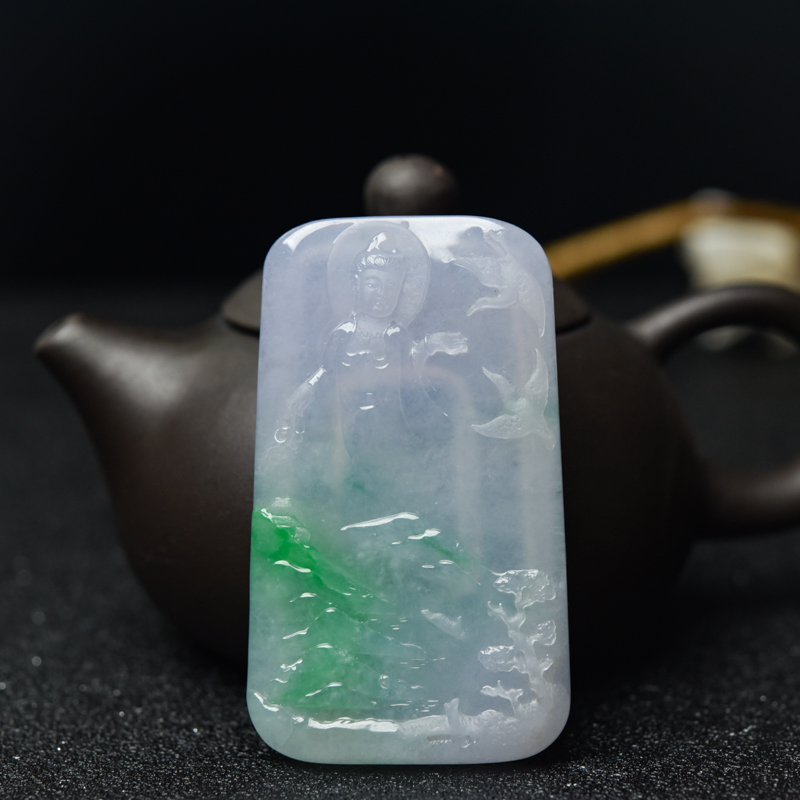 糯冰种春带彩翡翠吊坠-红掌柜