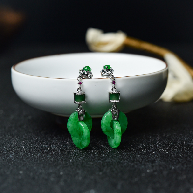 18K金镶钻糯种翡翠耳坠-红掌柜