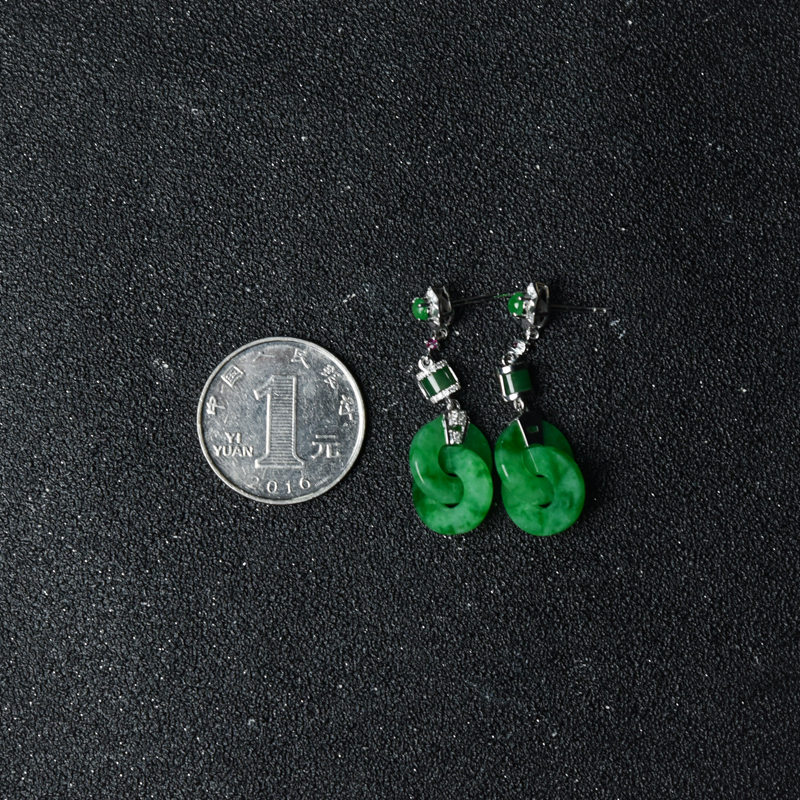 18K金镶钻糯种飘翠翡翠耳坠-红掌柜
