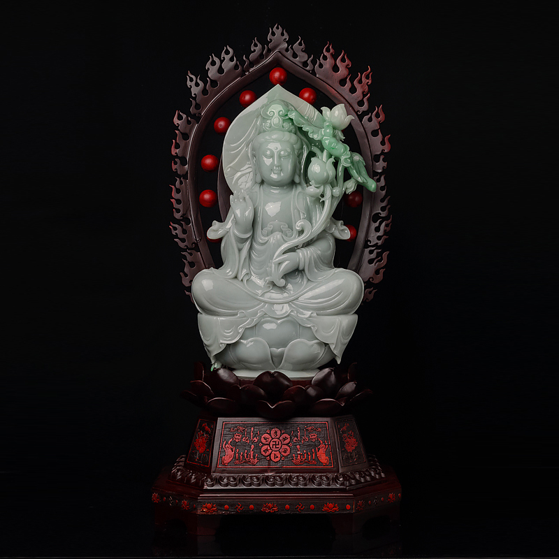 缅甸天然糯种飘翠翡翠观音摆件-红掌柜