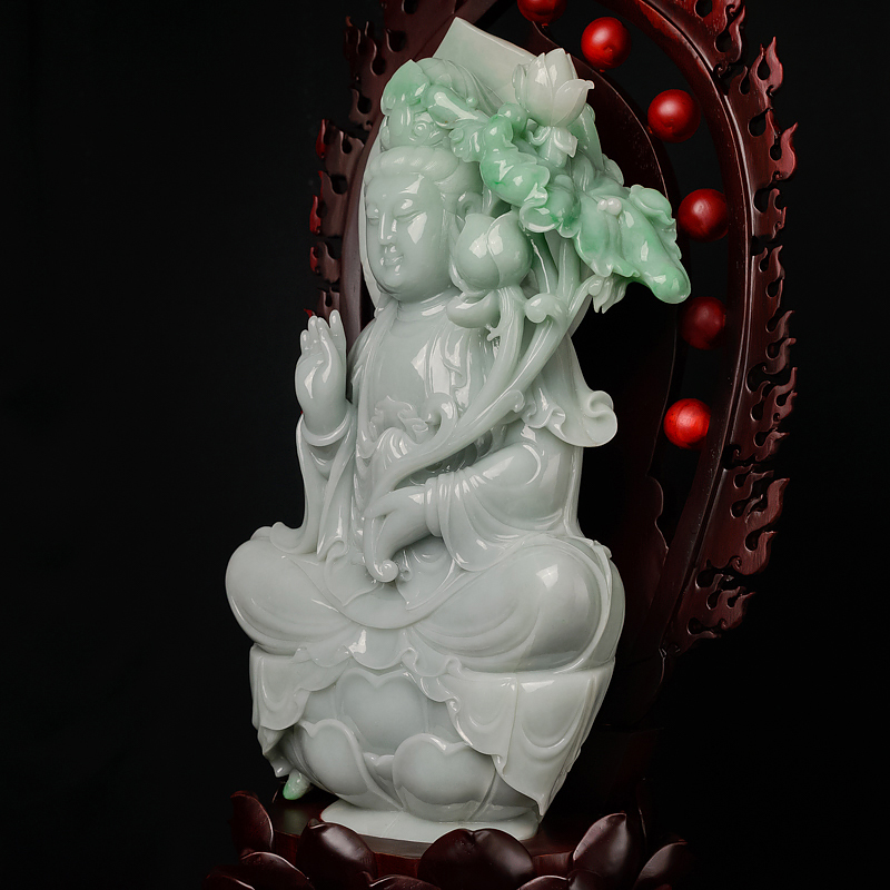 缅甸糯种飘翠翡翠观音摆件-红掌柜