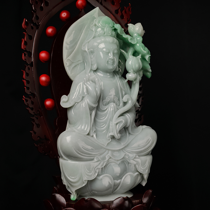 缅甸天然飘翠翡翠观音摆件-红掌柜