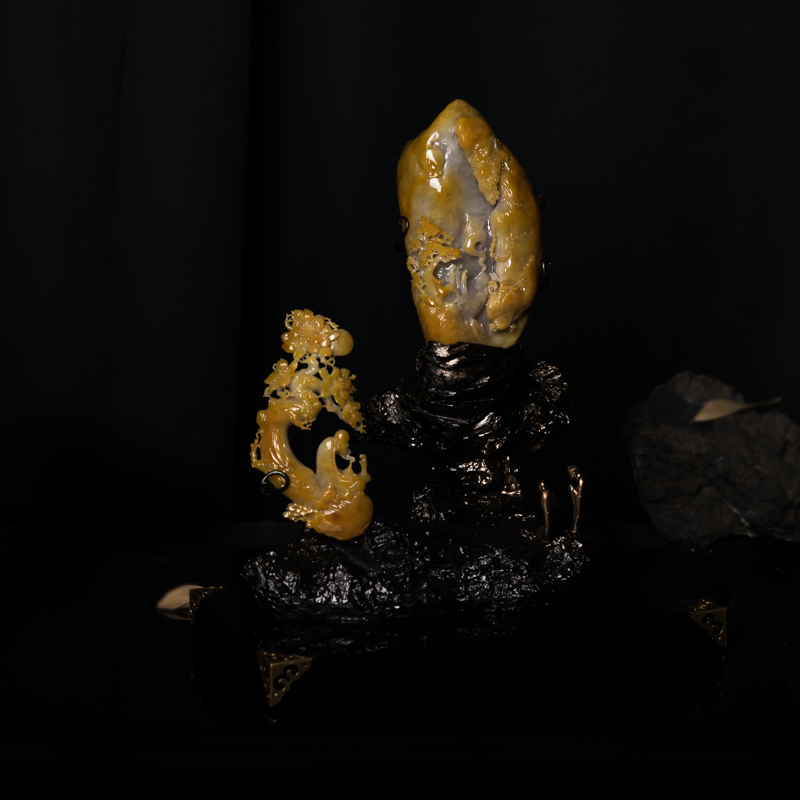 糯种天然黄翡悟道摆件-红掌柜